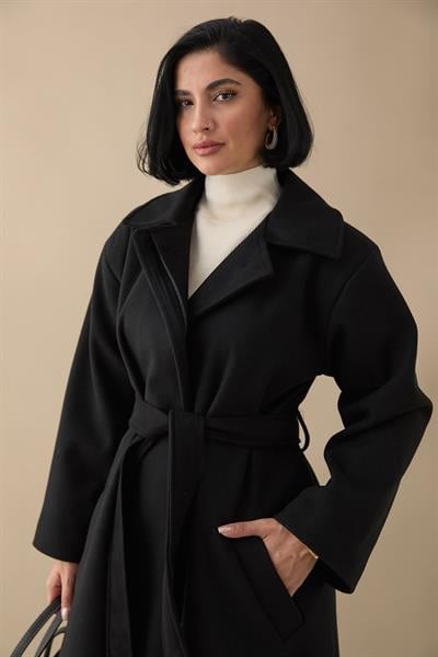 Astarlı Gizli Patlı Kuşaklı Siyah Kaşe Kaban