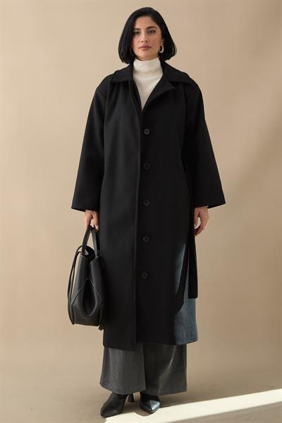 Astarlı Gizli Patlı Kuşaklı Siyah Kaşe Kaban