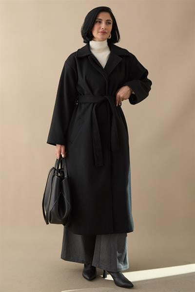 Astarlı Gizli Patlı Kuşaklı Siyah Kaşe Kaban