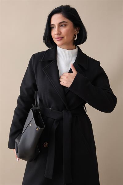 Astarlı Kaşe Kruvaze Siyah Kaban