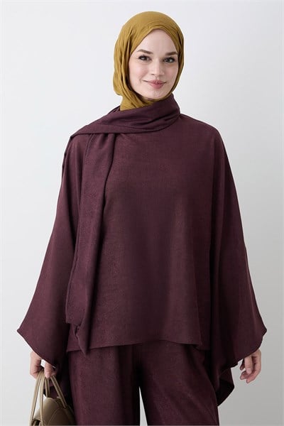 Şallı Bluz Pantolon Mürdüm İkili Takım