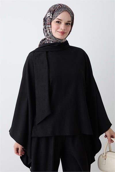 Şallı Bluz Pantolon Siyah İkili Takım