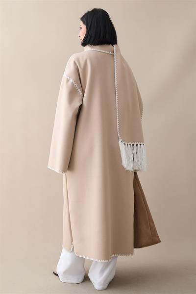 Atkılı Cepli Kaşe Uzun Açık Bej Ceket