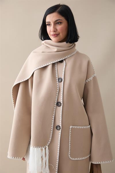 Atkılı Cepli Kaşe Uzun Açık Bej Ceket