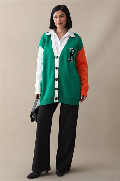 B Harf Baskılı Triko Hırka - Yeşil