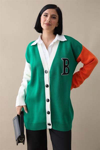 B Harf Baskılı Triko Hırka - Yeşil