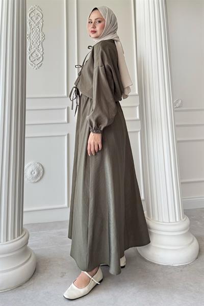 Bağ Detay Etekli Haki Takım