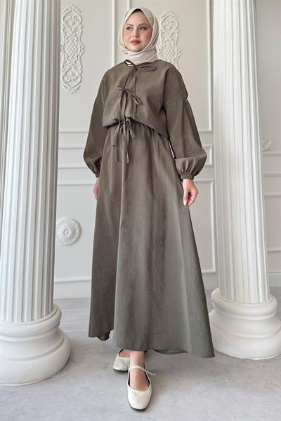 Bağ Detay Etekli Haki Takım