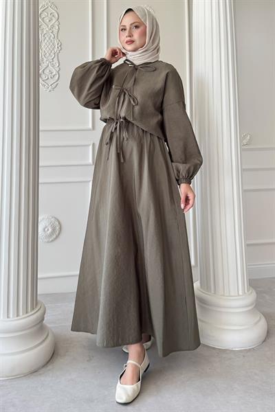 Bağ Detay Etekli Haki Takım