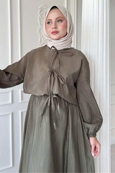 Bağ Detay Etekli Haki Takım