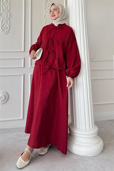 Bağ Detay Etekli Kırmızı Takım
