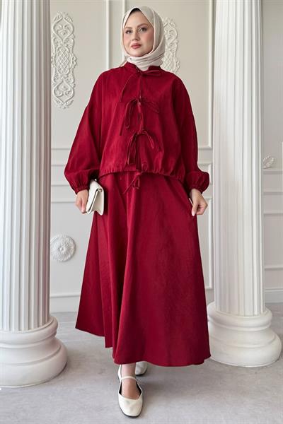 Bağ Detay Etekli Kırmızı Takım