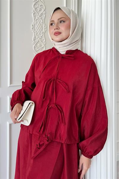 Bağ Detay Etekli Kırmızı Takım
