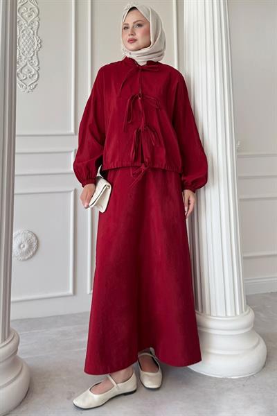 Bağ Detay Etekli Kırmızı Takım