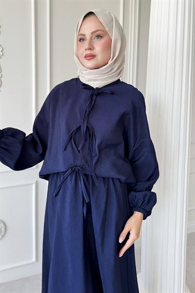 Bağ Detay Etekli Koyu Lacivert Takım