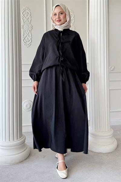 Bağ Detay Etekli Siyah Takım