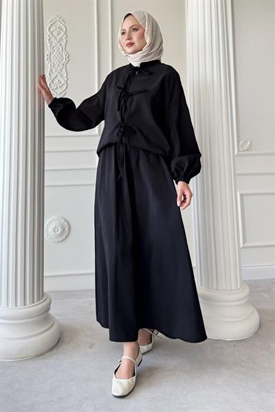 Bağ Detay Etekli Siyah Takım