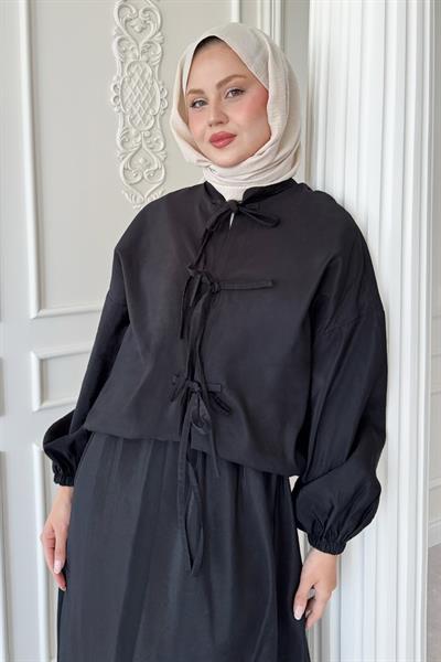 Bağ Detay Etekli Siyah Takım