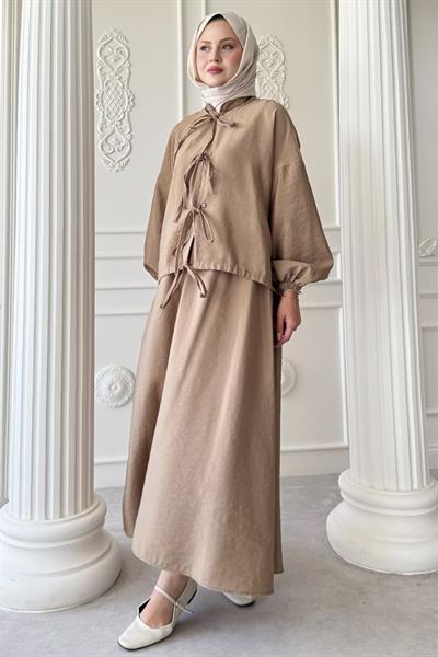 Bağ Detay Etekli Sütlü Kahve Takım