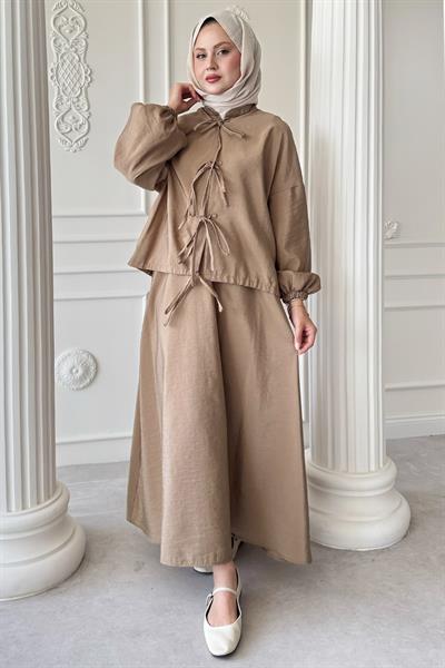 Bağ Detay Etekli Sütlü Kahve Takım