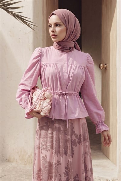 Bağcıklı Fırfır Kol Pembe Gömlek