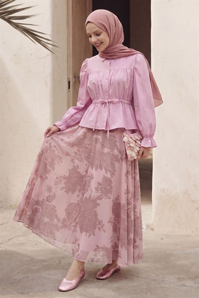 Bağcıklı Fırfır Kol Pembe Gömlek