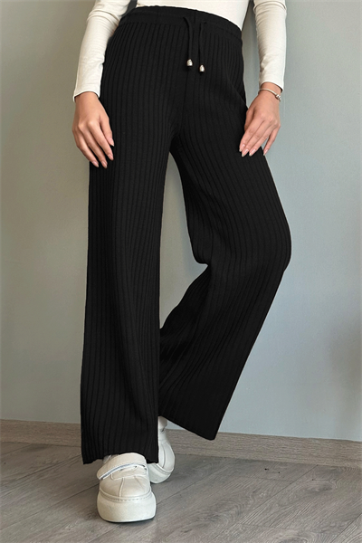 Bağcıklı Fitilli Siyah Triko Pantolon