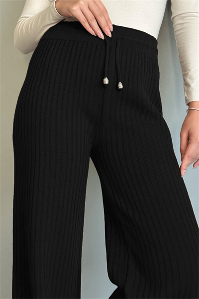 Bağcıklı Fitilli Siyah Triko Pantolon