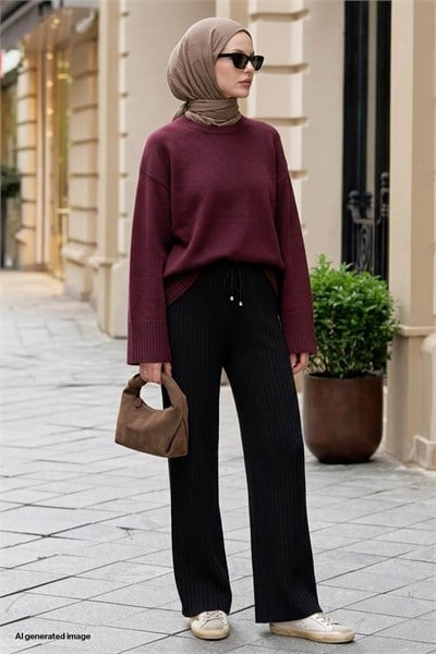 Drawstring Ribbed Black Knit Pants