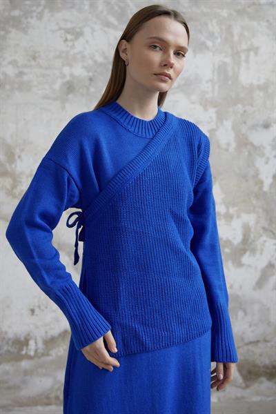 Bağlamalı Süveterli Triko Elbise - Saks Mavisi