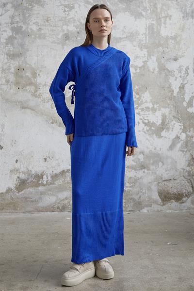 Bağlamalı Süveterli Triko Elbise - Saks Mavisi