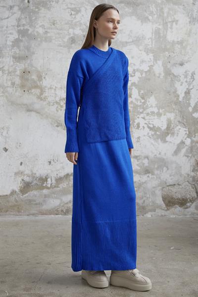 Bağlamalı Süveterli Triko Elbise - Saks Mavisi