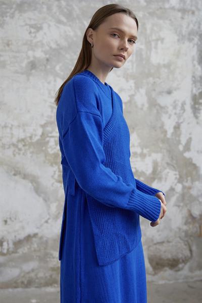 Bağlamalı Süveterli Triko Elbise - Saks Mavisi