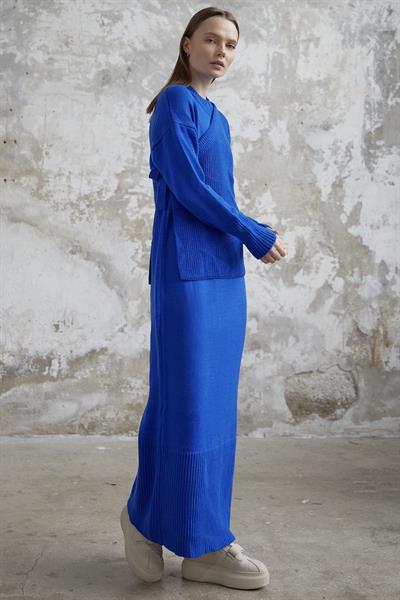 Bağlamalı Süveterli Triko Elbise - Saks Mavisi