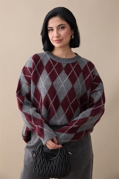Baklava Desen Bordo Triko Kazak