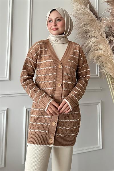 Baklava Desen Çizgili Camel Triko Hırka