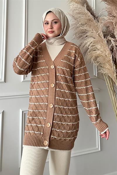 Baklava Desen Çizgili Camel Triko Hırka