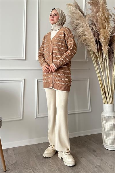 Baklava Desen Çizgili Camel Triko Hırka