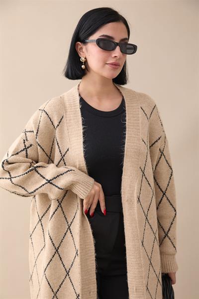 Baklava Desen Uzun Bej Triko Hırka