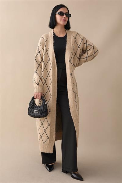 Baklava Desen Uzun Bej Triko Hırka