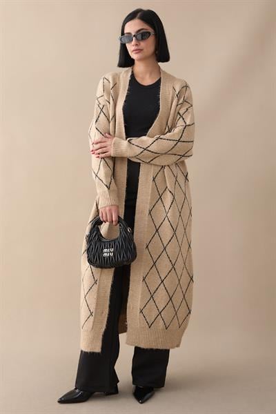 Baklava Desen Uzun Bej Triko Hırka