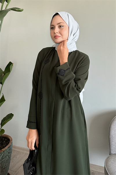 Baklava Detay Taş Haki Ferace