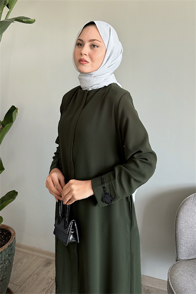 Baklava Detay Taş Haki Ferace