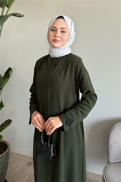 Baklava Detay Taş Haki Ferace