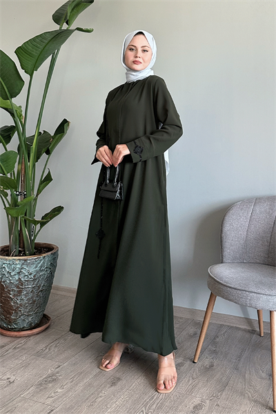 Baklava Detay Taş Haki Ferace