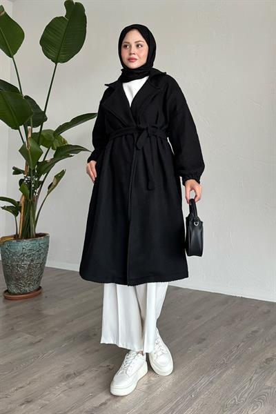 Balıksırtı Siyah Kaşe Kaban