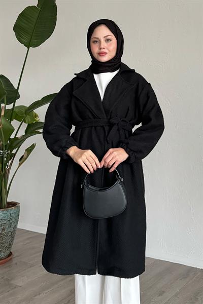 Balıksırtı Siyah Kaşe Kaban