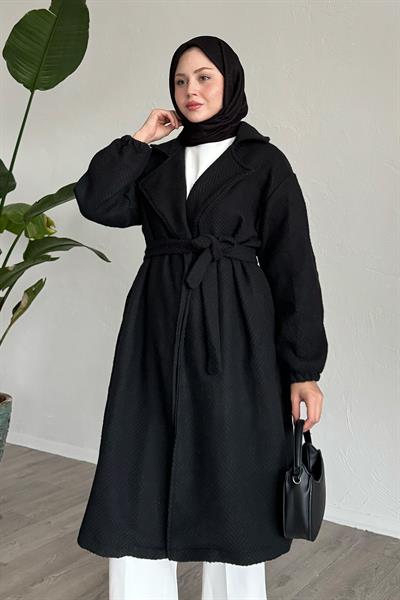 Balıksırtı Siyah Kaşe Kaban