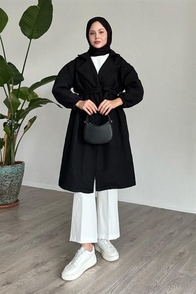 Balıksırtı Siyah Kaşe Kaban