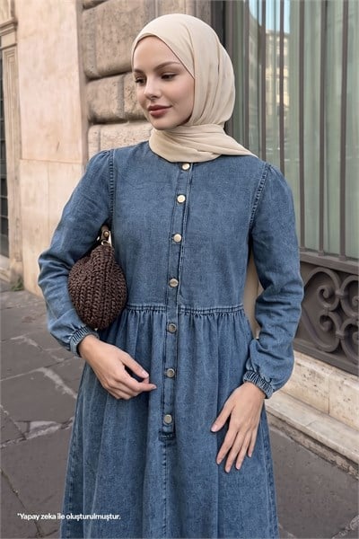 Balloon Sleeve Buttoned Blue Denim Dress